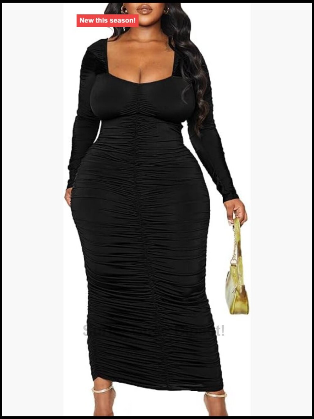 Plus Size Bodycon Ruched Long Sleeve Dress with Square Neck